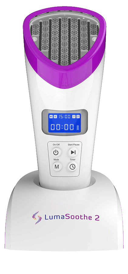 LumaSoothe 2 inside charging base with LCD Screen showing menu options